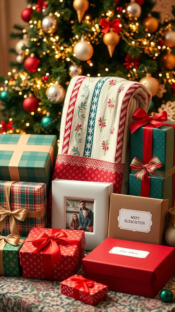 A collection of Christmas gifts including wrapped presents, a cozy blanket, and a photo album, set against a decorated Christmas tree.